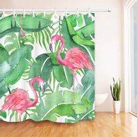 Tropical Plant Leaves Pink Flamingo Shower Curtain Fabric Waterproof Polyester Green Leaf Bathroom Curtains Fabric Bathtub Decor