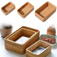 Hand-woven Rattan Wicker Woven Baskets Sundries Rectangle Cosmetic Toy Box Storage Basket Fruit Tea Snack Bread Tray Organizers