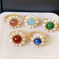 14k gold wrapped freshwater white pearl red strawberry crystal sapphire sea blue jade Ganqing red agate ring bracelet L7QU