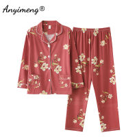 New Big Size 4XL Crimson Fashion Pajamas for Women Soft Cotton Turn-down Collar Long Sleeve Sleepwear for Woman Pijama for Lady