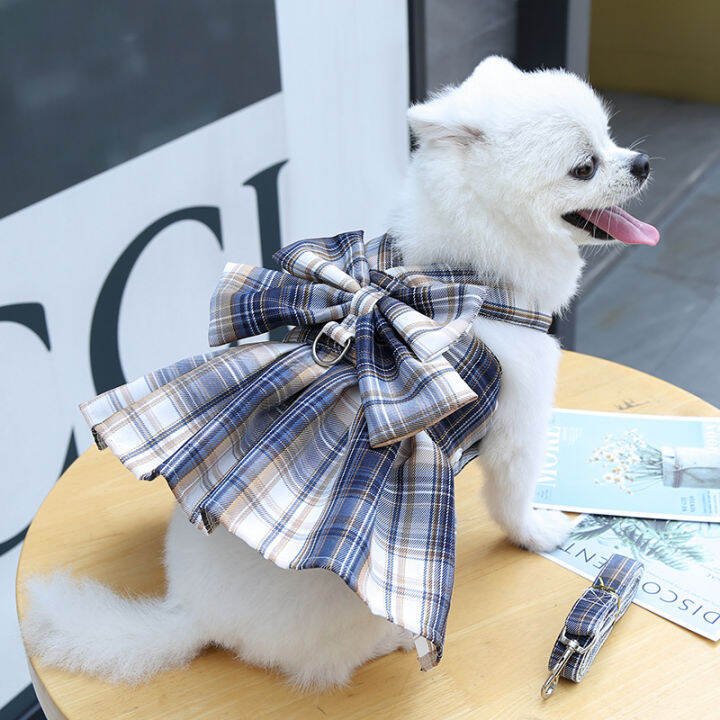 2021new-pet-dog-cat-clothes-plaid-skirt-pet-jk-uniform-vest-with-harness-leash-chihuahua-bichon-cute-skirt-pets-luxury-dress