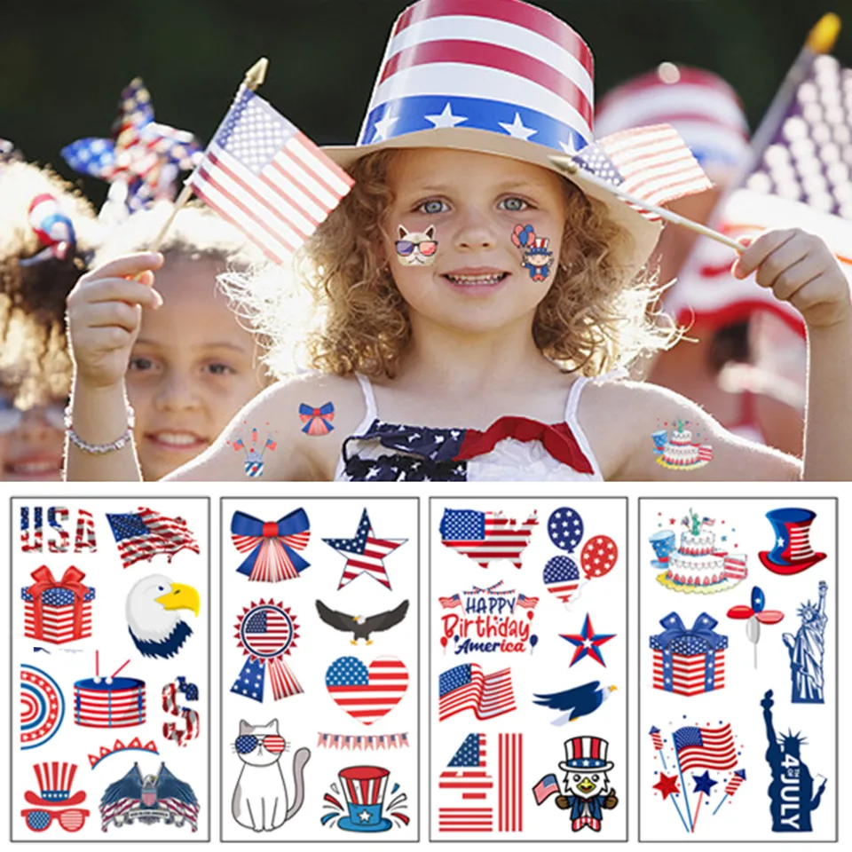 10 Sheets Easy Sticky Waterproof Body Art Temporary Tattoos American Flag Pattern Tattoo Stickers for Independence Day