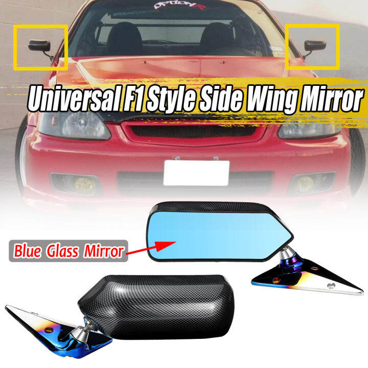 Pair Universal Carbon Fiber Look Side Rearview Mirrors Blue Lens F1