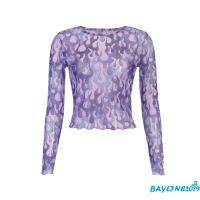 BAY-Women’s Casual Long-sleeved T-shirt Fashion Flame Print Mesh Yarn Slim Fit Pullover Top