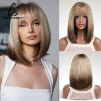 Ombre สีบลอนด์สีน้ำตาล Bob Wigs กับ Bangs วิกผมสังเคราะห์สั้นตรงสำหรับผู้หญิงทุกวันคอสเพลย์ปาร์ตี้ผมปลอมทนความร้อน ~