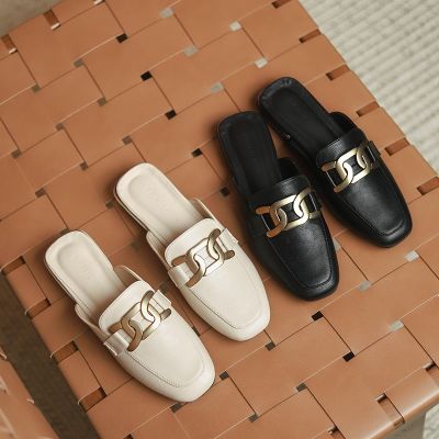 Hot sell Big Size 35-43 metal chain mules women slippers square toe summer sandals shoes woman flip flops low heels cover toe slides 2021
