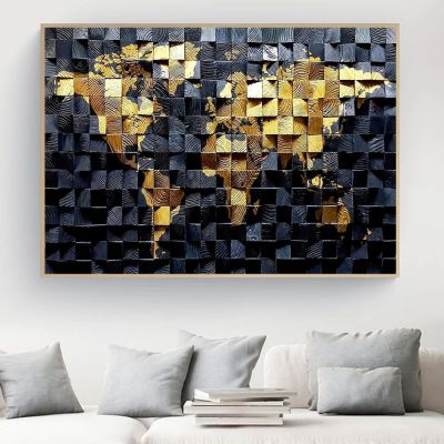 บทคัดย่อ Black And Golden World Map-โปสเตอร์พื้นผิวพิมพ์ผ้าใบ Wall Painting Art Picture-เหมาะสำหรับห้องนั่งเล่น,สำนักงาน,หรือ Study - Unique Home Decor