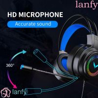 Lanfy ชุดหูฟังซับวูฟเฟอร์เล่นเกม แบบใช้สาย พร้อมไมโครโฟน ไฟ LED เสียงเบสเซอร์ราวด์ ปรับได้