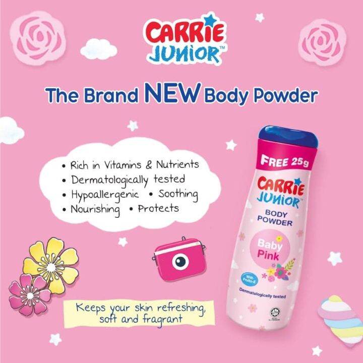 แป้งเด็กแคร์รี-จูเนียร์-carrie-junior-baby-powder-กลิ่นใหม่ชมพูฟ้าหอมสุดๆ