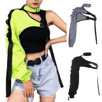 ◈☾◎ Women Chic Choker One Long Sleeve Strap Buckle Reflective Halter Smock Blouse Female Clothing