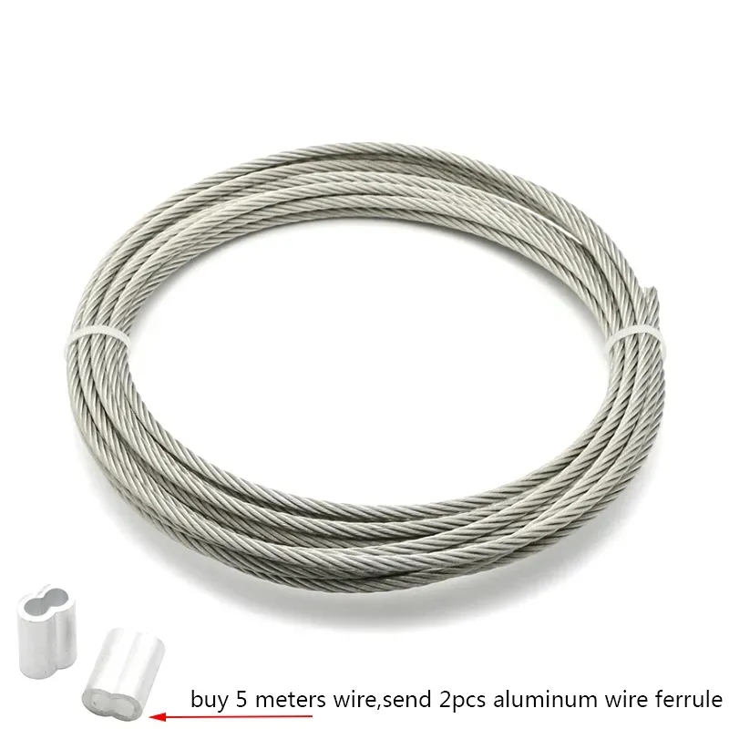 5 Meter wire Rope PVC Transparent Coated Cable Stainless Steel rope  Clothesline Diameter 0.8mm 1mm 1.5mm 2mm 3mm