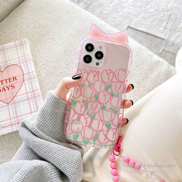 tulip-bow-เคสโทรศัพท์มือถือสำหรับ-iphone12promax-ห่วงโซ่โทรศัพท์มือถือน่ารักสำหรับ-iphone13-ดอกไม้สีชมพูเคสโทรศัพท์ป้องกันการตกสำหรับ-iphone11-สร้อยข้อมือ-iphonexs-หญิง