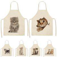 1Pcs Lovely Cat Pattern Kitchen Apron for Women Cotton Linen Bibs Household Cleaning Pinafore Home Cooking Aprons 53*65cm Q0009 Aprons