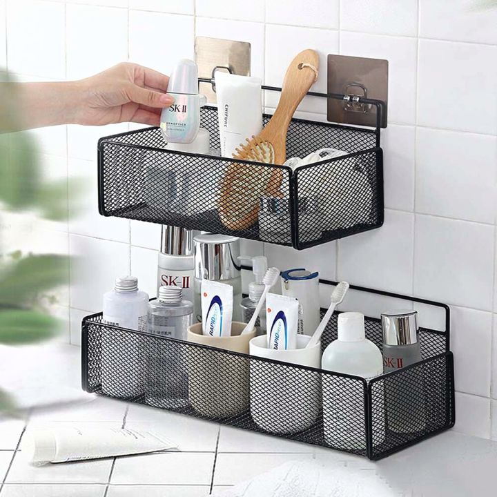 bathroom-shelf-organizer-ชั้นวางในห้องน้ำ-ชั้นวางของในห้องน้ำ-แบบติดผนัง-ไม่ต้องเจาะผนัง-ที่วางเป้นแบบตาข่ายเหล็ก-ระบายน้ำได้ดี-ไม่อับชื้น-ชั้นวางของในห้องน้ำไม่เจาะผนัง-bathroom-shelving-ชั้นวางของใน