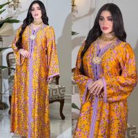 Fashion Abaya Dubai Muslim Dress Marocain Islamic Clothing Elegant Floral Print Full Length Maxi Dress Women