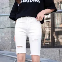 White Ripped Denim Five-Point Pants Womens 2021 New Summer High-Waisted Shorts Look Thin And Elastic Tight-Fitting Riding