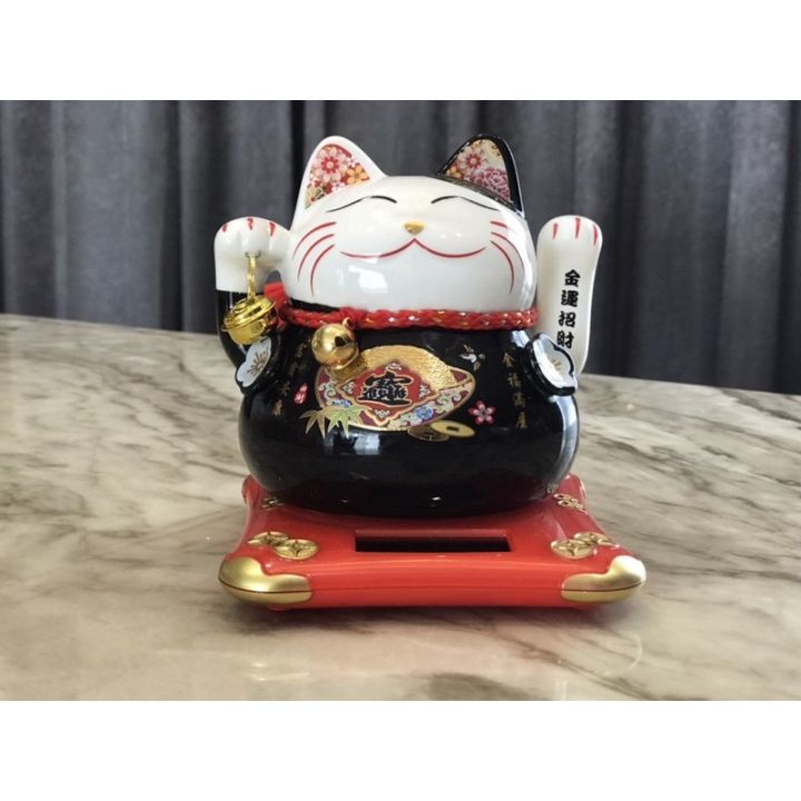 สินค้าใหม่-lucky-cat-แมวกวักญี่ปุ่น-แมวกวักนำโชค-พลังงานแสงอาทิตย์-ทำจากเซรามิค-แมวกวัก-ขนาดสูง-14cm-สีดำ