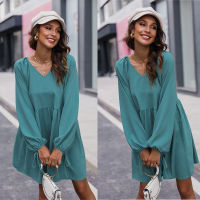 Theresa lantern sleeve solid color womens dress new long-sleeved new skirt light and breathable