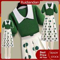 Ruidiandian กระโปรง S-3XL 1ชุดสำหรับผู้หญิงเสื้อยืดสีเขียวแฟชั่นสไตล์เกาหลีคอโปโล + เสื้อผ้าผู้หญิงอารมณ์กระโปรงลายจุด