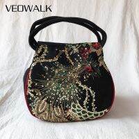 Veowalk Shiny Sequins Peacock Embroidered Women Canvas Handbag Elegant Ladies Small Evening Bag Retro Embroidery Hand Bags