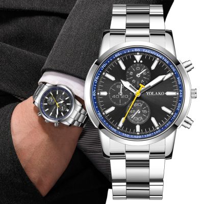 （Layor wallet）นาฬิกาควอตซ์สำหรับผู้ชาย39; S,นาฬิกาลำลองหน้าปัดสามตาสีเหลืองเข็มที่สองนาฬิกาข้อมือดีไซน์นาฬิกาของขวัญสายเหล็กเงิน