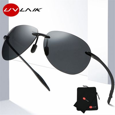 UVLAIK TR90 Rimless Polarized Sunglasses Men Ultralight Pilot Sun Glasses for Women Mirror Frameless Sunglass with bags cloth
