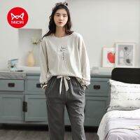 MiiOW Simple พิมพ์ผ้าฝ้ายแขนยาวกางเกงฤดูใบไม้ร่วงและฤดูหนาวชุดนอน Loungewear ชุดนอนสตรีชุด Homewear 208931