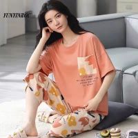 Summer Capris Plaid Women Sleep Lounge Pajama Short-Sleeved Pajama Sets Cartoon Pyjamas Polyester Sleepwear 3XL 5XL Home Fashion