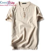 COZY ฤดูร้อนผ้าลินินแขนสั้นเสื้อยืด Casual Slim V-Neck เสื้อยืดผู้ชายสบายขนาดใหญ่สี