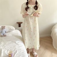 【 WYIN kitchen】 100 Cotton Sleep Dress Women Tulip Floral Print Nightgown Short Sleeve Summer Peter Pan Collar Cute Nightdress Home Cloth S148