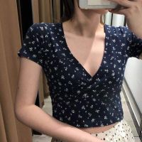 Triple A crop top women top Floral short crop top 2021 new womens summer slim slimming top v-neck short-sleeved Korean t-shirt