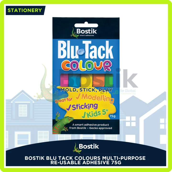 BOSTIK Blu Tack Colour Reusable Multi-purpose Adhesive 75g Ideal and Alternative to Drawing Pins and Sticky Tape, Non-Toxic Strips
