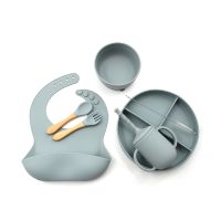 066B 6 Pcs Baby Silicone Bib Divided Dinner Plate Sucker Bowl Spoon Fork Water Cup Set Training Feeding Food Utensil Dishes Kit