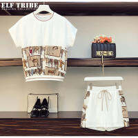 ELF TRIBE เสื้อเบลาส์ไซส์พิเศษสำหรับผู้หญิง,เสื้อยืดกางเกงขาสั้นชุด2ชิ้นลำลองสำหรับผู้หญิงอ้วน