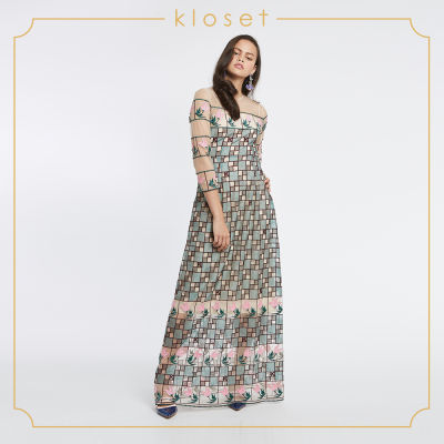 Kloset Embroidered Long Dress (AW18-D018) เสื้อผ้าแฟชั่น เสื้อผ้าผู้หญิง เดรสแฟชั่น เดรสผ้าปัก เดรสยาว