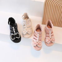 Summer New 2022 Girls Pearl Bow Sandals Childrens Korean Fashion Princess Shoes Soft-soled Roman Open-toe Back Zip PU Shoes