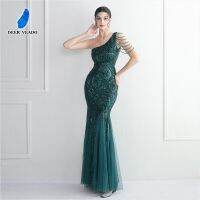 ﹉♦ DEERVEADO One Shoulder Emerald Green Sequins Evening Dress for Women Elegant Bodycon Party Maxi Dress Formal Dress Evening Gown