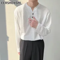 EERSHENSHI เสื้อยืดแขนยาวระดับไฮเอนด์ของผู้ชายหรูหราคอวีด้านในสไตล์ธุรกิจบาง