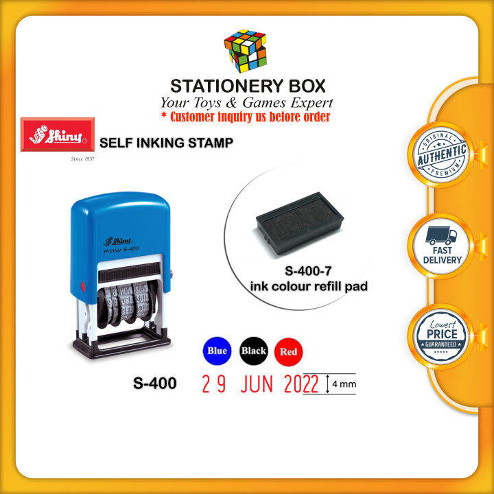 Shiny Self Inking Date Stamp 4mm height (S-400) & Ink Colour Refill Pad ...