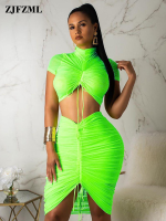 Neon Green Yellow y Two Piece Set Women Turtleneck Short Sleeve Crop Top Pleated Bodycon Dress Tracksuit 2 Piece Club Outfit