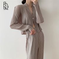 Korean Style Pleated Women Trousers Suit Single Button Notched Collar Blouse Wide-leg Pants Set Ladies Causal Loose Suit