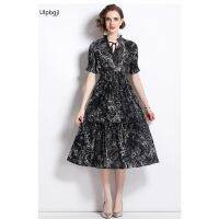 New Womens Retro Printed Waist-Controlled Swing Slimming Dress