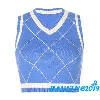 Bay - เสื้อสเวตเตอร์ถักสําหรับสตรีเซ็กซี่แขนยาวคอวีพิมพ์ลายเรขาคณิต