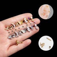 1 Piece Double Head Cartilage Earring Stud Helix Pinna Piercing 16Gauge Flower Heart Butterfly Shape with Zircon