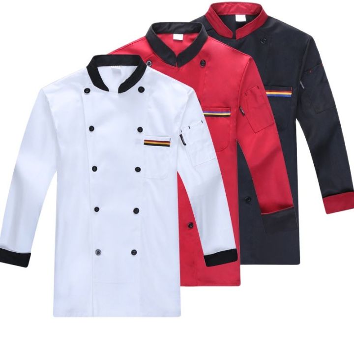 เสื้อผ้างานของเชฟชายร้านอาหารเสื้อผ้าพ่อครัวพ่อครัวแขนยาวสีขาวเสื้อยูนิฟอร์มเชฟเสื้อผ้าหน้าร้อน