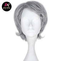 Miss U Hair Men Short Bob Curly Silver Gray Wig for Halloween Cosplay Anime Costume Party