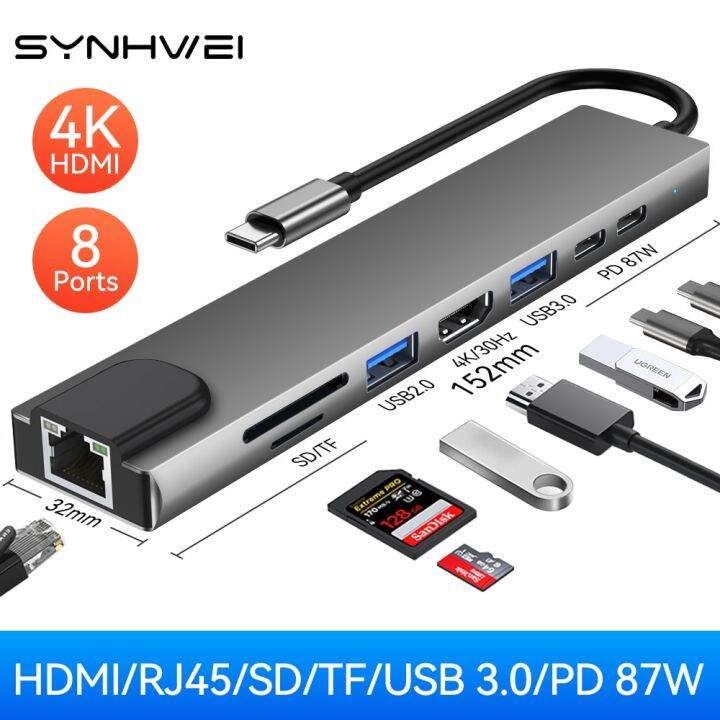 4-8ใน1-usb-ฮับ3-0สำหรับแล็ปท็อปอะแดปเตอร์พีซี-pd-ค่าใช้จ่าย8พอร์ตแท่นวางมือถือ-rj45-hdmi-4k-tf-แผงขยายสัญญาณ-macbook-type-c-splitter-feona