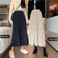 Vintage Floral Print A-line Pleated Long Skirts winter Women Korean Skirt Streetwear Drawstring Elastic Waist Midi Skirt lined