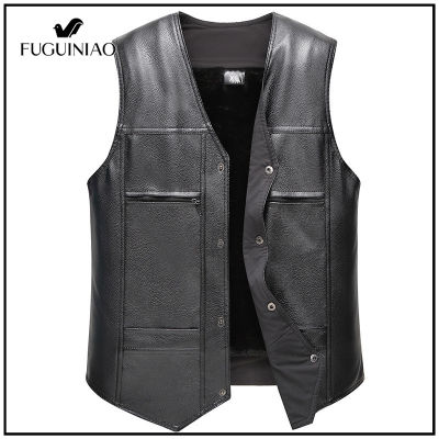 Fuguiniao ชายเสื้อกั๊กหนังแฟชั่น Single-Breasted Slim V คอหนังผู้ชาย Moto & Biker PU เสื้อ Man Sleevele
