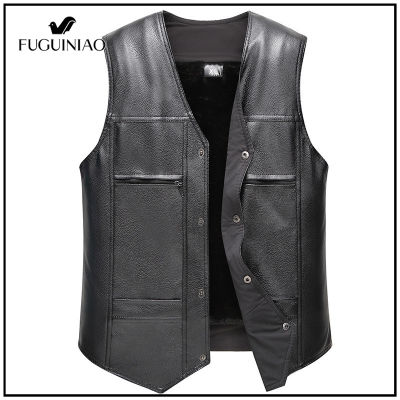 ▩ hnf531 Fuguiniao ชายเสื้อกั๊กหนังแฟชั่น Single-Breasted Slim V คอหนังผู้ชาย Moto Biker PU เสื้อ Man Sleevele